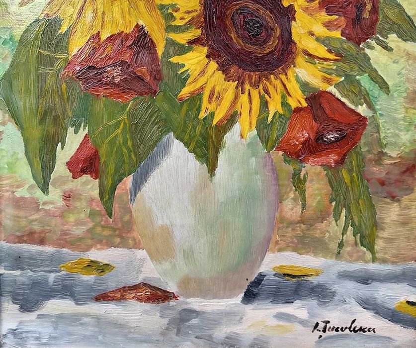 Tablou vechi - floare soarelui si maci - semnat I. Tuculescu