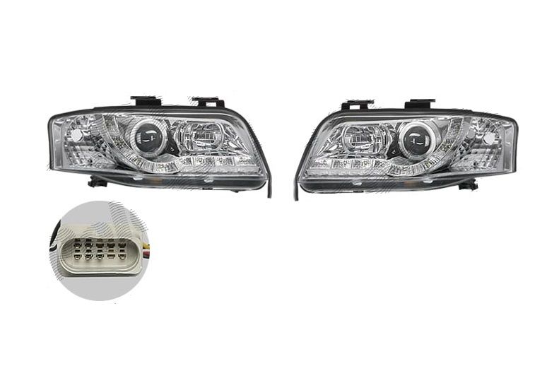 Set faruri tuning Audi A6 (C5), 06.2001-01.2005, Taiwan, partea stanga+dreapta, pozitie pe LED; tip bec H1+H1; manual; transparent, argintiu