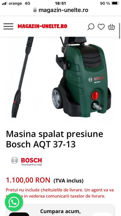 Vand sau Schimb Pistol de spalat cu presiune Bosch AQT 37-13 (1700 w,130 bari,370 l/ora) insotit de furtun pe rola de 50 M