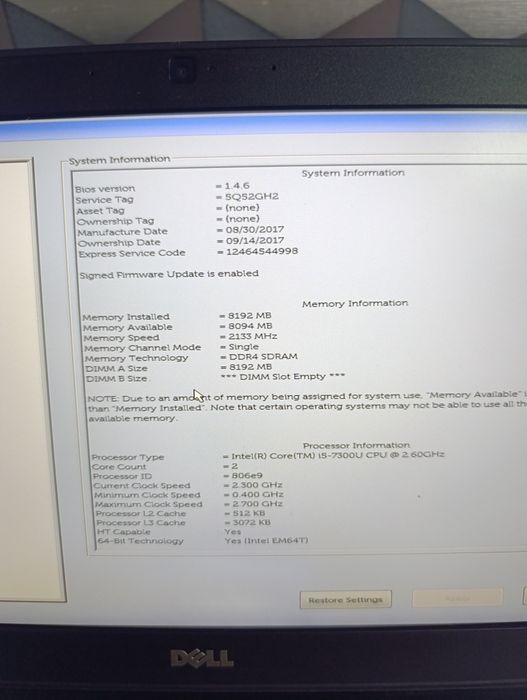 Laptop Dell 7280 i5 7300 display 12.5