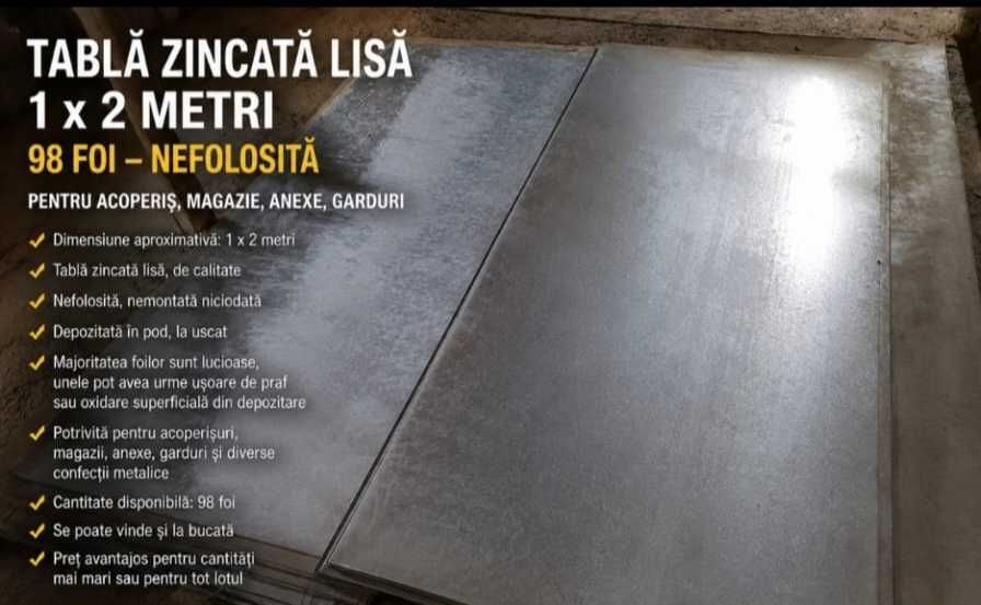 Tablă zincată lisă 1x2m nefolosită pentru acoperiș casă magazie gard 98 foi Ilfov Berceni