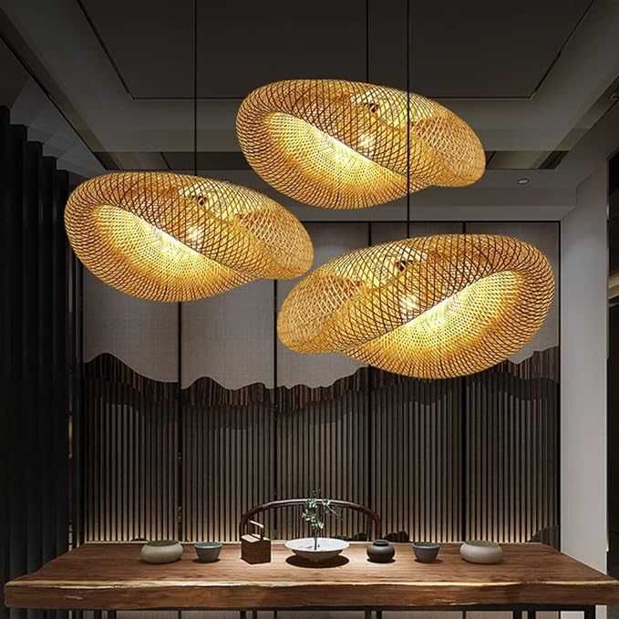 Намален. Винтидж висяща лампа полилей ретро естествен бамбук рат