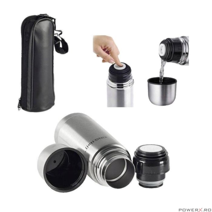 Termos argintiu, inox, capacitate 0,35l, cu husa neagra, Kinghoff