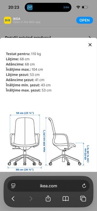 Scaun birou IKEA Langfjall in stare foarte buna, gri inchis cu brate albe, suport lombar, conferinte