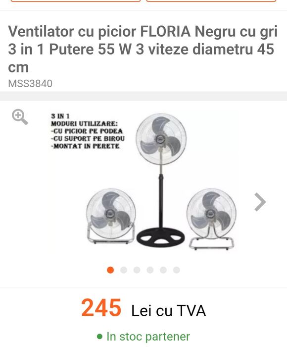 Ventilator cu picior/podea, metalic