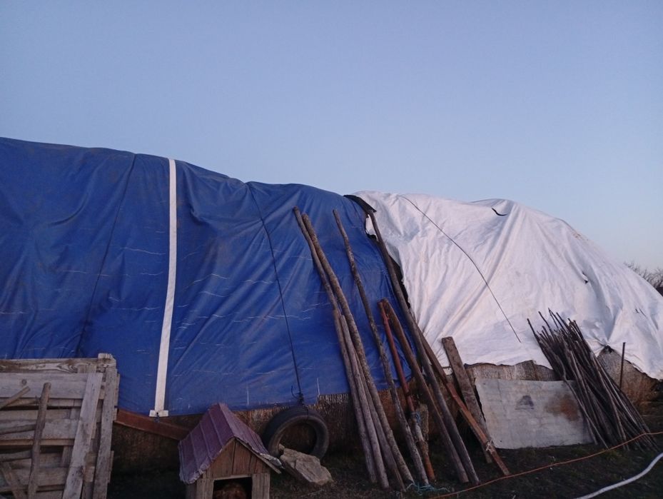 De vânzare, baloți de fân și un stog de lucernă.