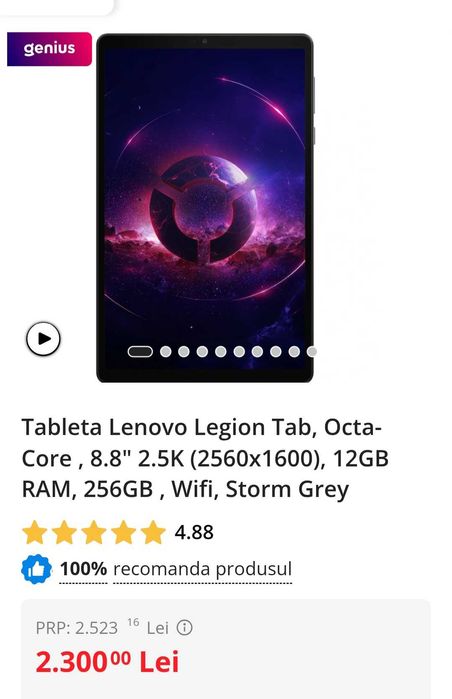Tableta Lenovo Legion Tab, Octa-Core , 8.8"