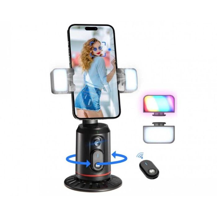 Държач за телефон с автоматично проследяване на лицето,завъртане на 360°, стойка за камера, дистанционно управление, светлина за поточно видео на живо