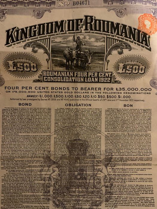 titlu stat £500 aur 1922 Romania bond lire sterline  neincasat