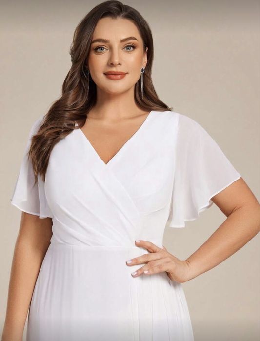 Бяла елегантна рокля за сватба, годеж или бременност, булчинска