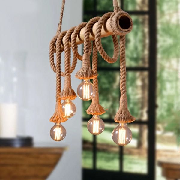 Луксозна бамбукова висяща лампа конопени въжета с фасунги винтидж,Е27,