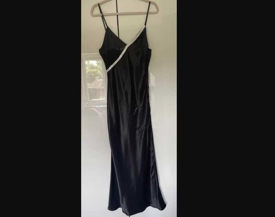 Zara Rochie slip asimetrică seara Satin negru paiete margele Strass