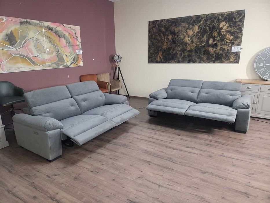 Сив комплект дивани от плат две тройки с ел релакс механизъм