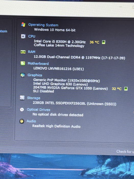 Lenovo Gaming• i5-8300H• Nvidia GTX 1050• 12gb ram ddr4• SSD 256gb