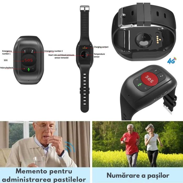Bratara inteligenta 4G cu buton de panica pentru varstnici,Apel 112