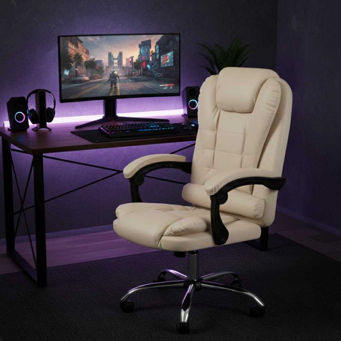 Ергономичен офис стол с лумбална опора от еко кожа в бежов цвят