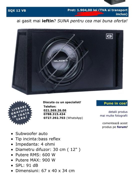 Subwoofer auto Gladen SQX 12 VB + statie Blaupunkt GTA 4100B