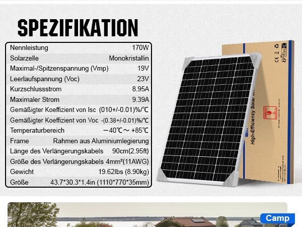 Монокристален Соларен Панел ECO-WORTHY, 170W, 12V