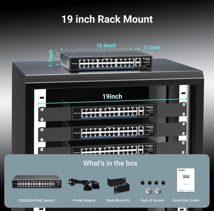 Switch retea ethernet PoE NICGIGA FS2420GP 24 port neadministrat PoE+ / 400W,2 port Gigabit Uplink mod VLAN montare în rack de 19 inch plug and play