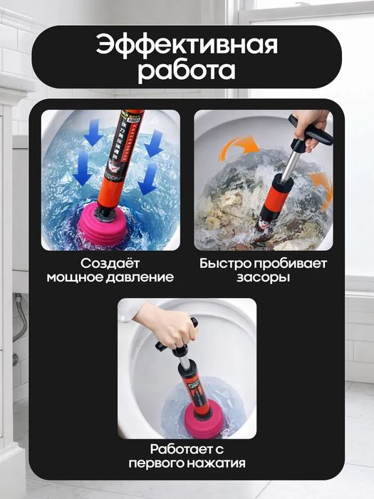 Плунжер помпа для устранения засоров в унитазе, раковине и ванной