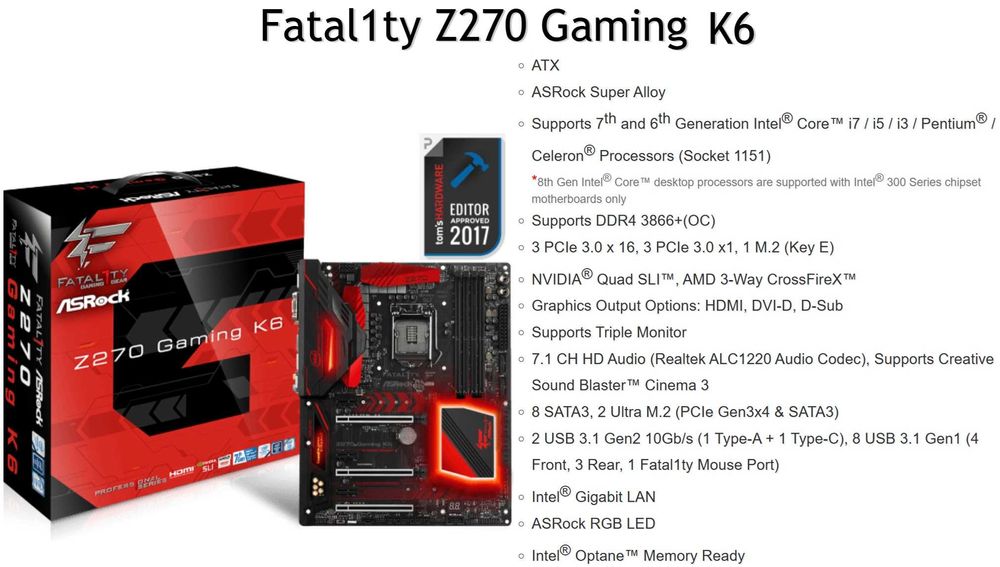 Дъно Дънна платка ASRock Fata1ity Z270 Gaming K6 1151 DDR4 OVERCLOCK