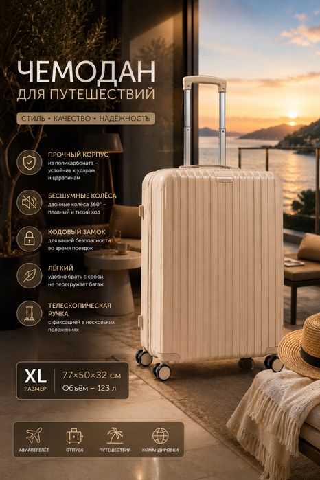 Большой Чемодан бежевый  вместительный для поездок новый XL 77*50*32