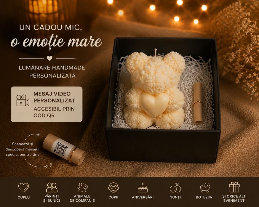 Lumânare handmade personalizată cu mesaj video prin cod QR – un cadou care spune o poveste