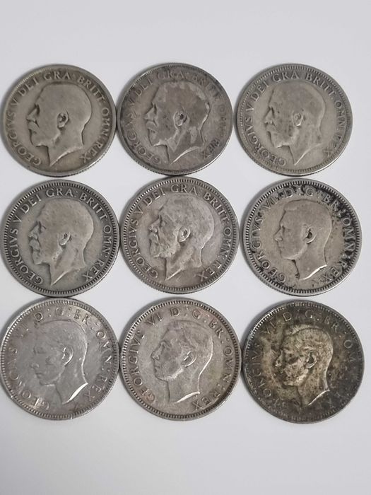 Lot 9 monede Anglia Marea Britanie 9 x 1 shilling 1920-1944 argint
