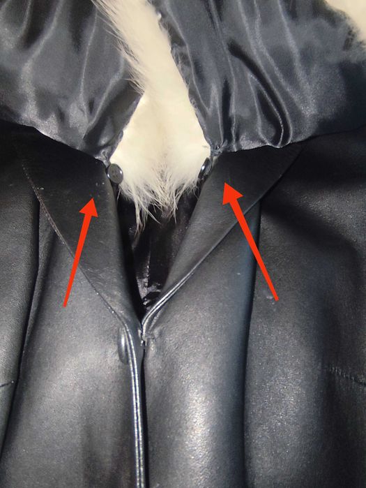 Дълго черно кожено манто с яка от бяла лисица