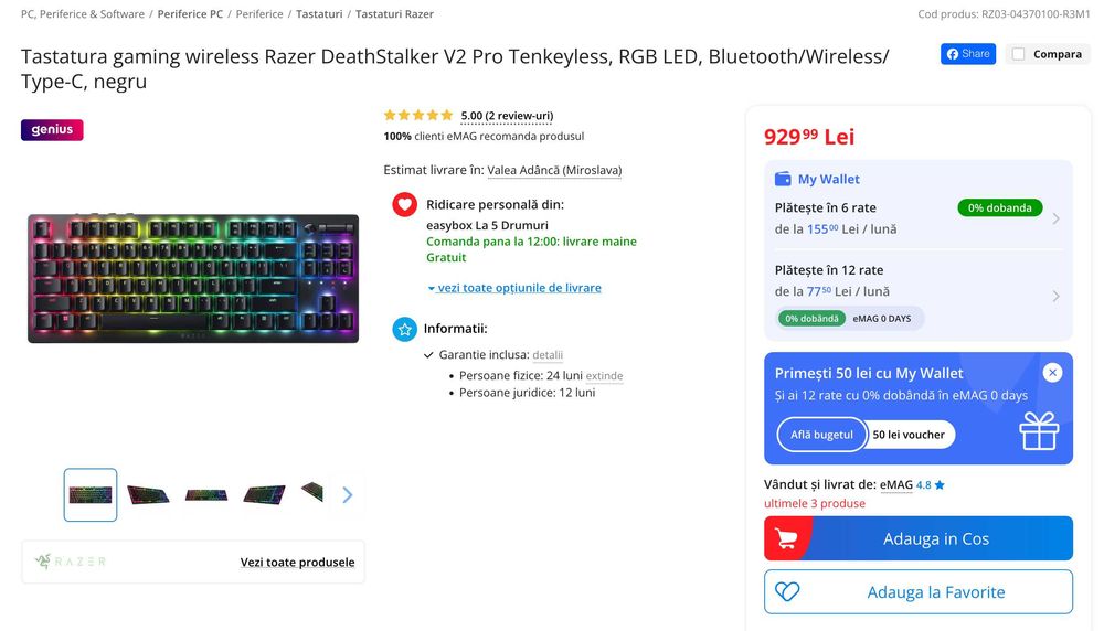 Vand tastatura Razer DeathStalker V2 Pro Tenkeyless TKL RGB BT/Wireless cu garantie emag