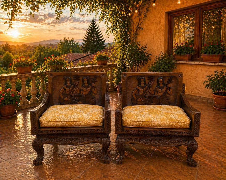Mobilier sculptat din lemn masiv de tec