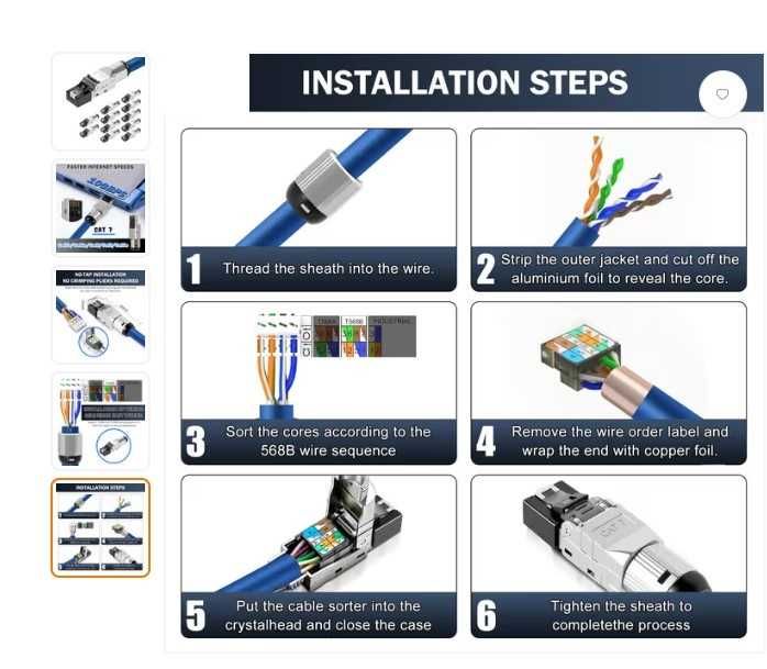 Conectori CAT7 RJ45 fără scule pachet 12 buc complet ecranat STP 10Gbps pentru cabluri LAN rigide – argintiu