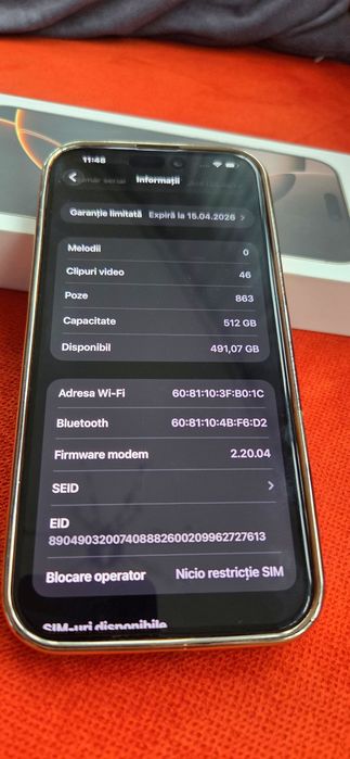 Vând iPhone 16 pro max 512 GB Gold