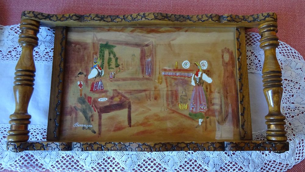 Ръчно рисувана дървена табла за сервиране Елзаски декор Вентидж.