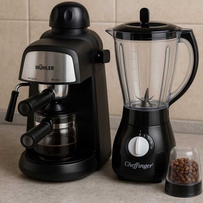 Комплект от еспресо машина MUHLER+ 2стъклени чаши и блендер с мелничка