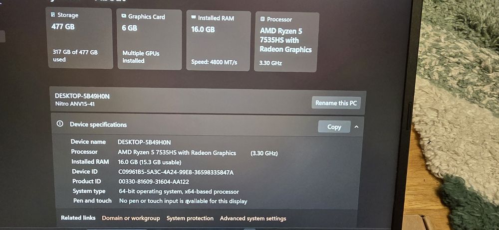 LAPTOP ACER 15 FHD R5-7535HS 16GB 512GB RTX4050