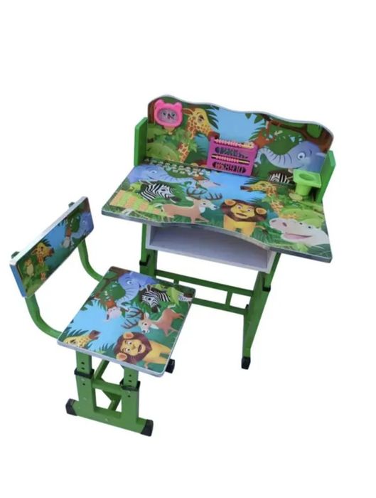 Birou cu scaun pentru copii, reglabile, cadru metalic si lemn, verde,