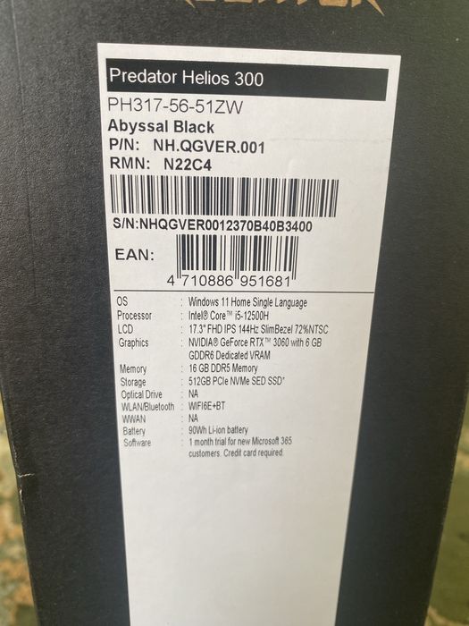 Ноутбук Acer Predator Helios 300 PH317-56 (модификация NH.QGVER.001)