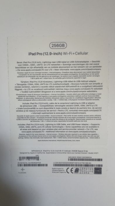 Apple iPad Pro 12.9 inch, 256GB, Wi-Fi + Cellular