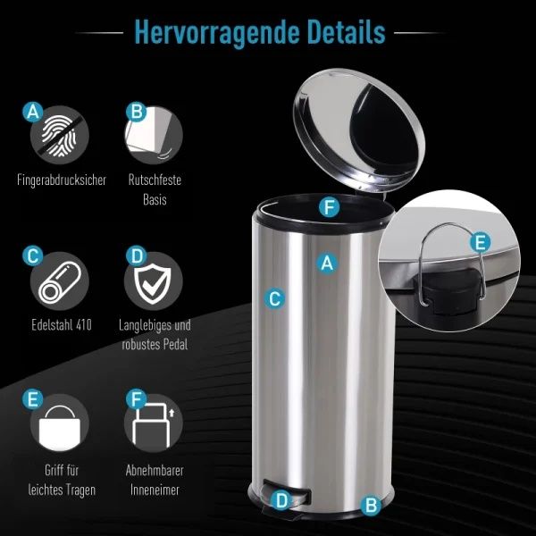 Кошче за боклук HOMCOM 30L с педал Ø29.2 x 62.5 см