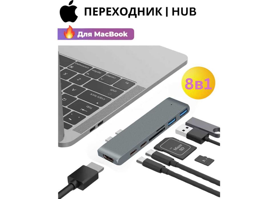 Премиум ХАБ Hub 8в1 для MacBook / iPad — HDMI, USB, Type-C, SD!