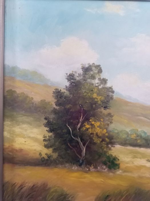 Стара маслена картина "Пейзаж с брези" – 78х59 см | Подписана