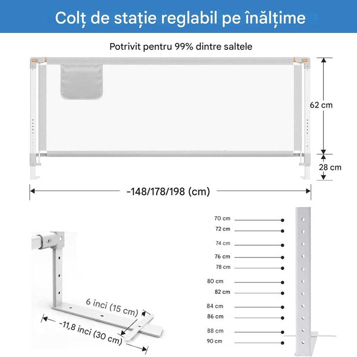 Bara de pat, protectie de pat retractabila, 180 cm