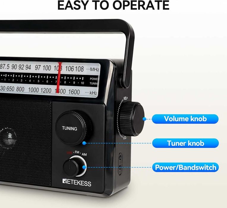 Retekess TR633 портативен ​​FM/AM радиоприемник/радио,с кабел за 220V и на батерии