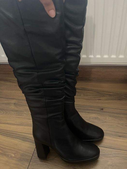 Cizme lungi cu toc patrat din piele naturala