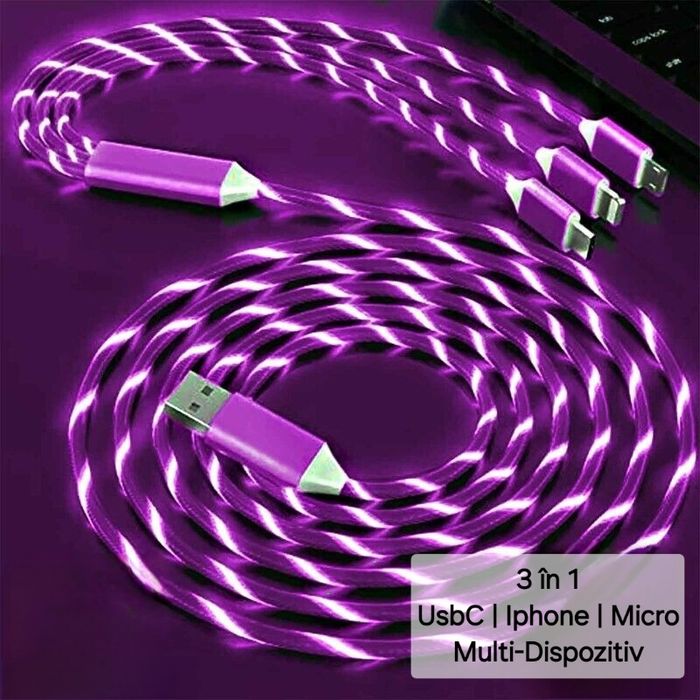 Cablu încărcare 3in1 Luminos. UsbC/IOS/Micro. Efect Valuri. Auto/Casă.