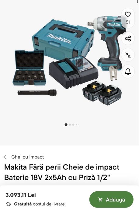 Cheie de impact Makita DTW285RTJX 1/2 Brushless LXT 18V, 2 acumulatori 5.0 Ah, incarcator rapid + trusa tubulare impact in cutie MAKPAC Noua