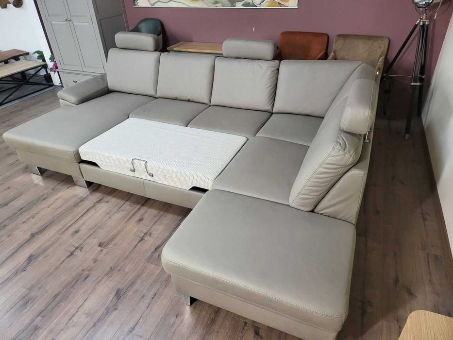 ПРОМОЦИЯ!!!Бежов П-образен ъглов диван от плат Sambia с функция сън