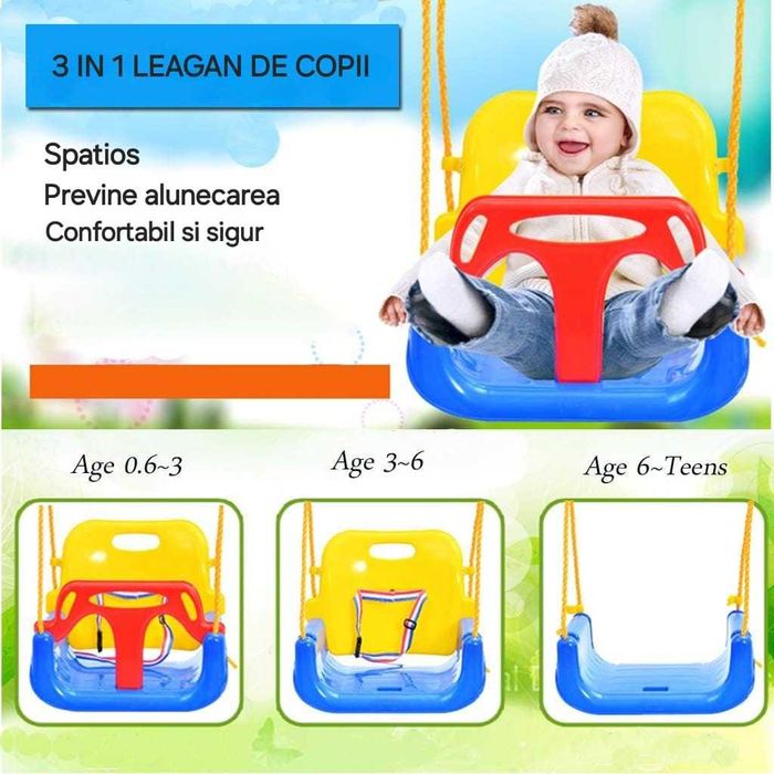 Leagan de copii 3 in 1, pentru curte sau gradina, spatios/detasabil