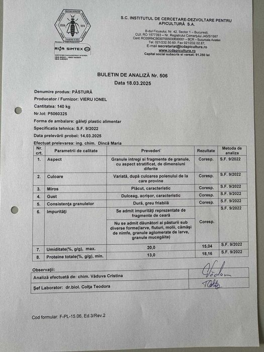 Păstură cruda / uscata, polen crud /uscat, atat en-gros si en-detail